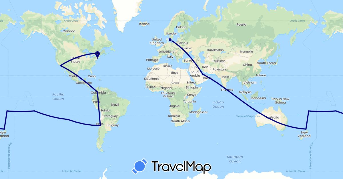 TravelMap itinerary: driving in Canada, Chile, Colombia, Denmark, Fiji, New Zealand, French Polynesia, Qatar, United States (Asia, Europe, North America, Oceania, South America)